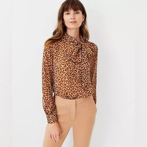 NWT Ann Taylor Brown + Gold Leopard Shimmer Tie-Neck Blouse, Size Medium